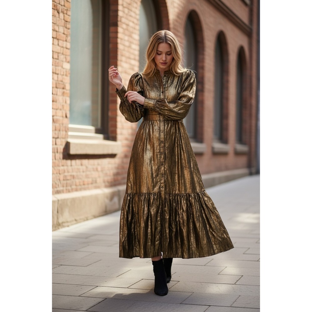 (H-269)La Joie Gold Metallic Midi Dress Size 0 Button Front Long Sleeve Ruffle